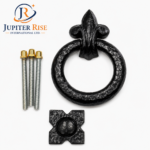 Ring Door Knocker 95MM Black Antique Cast Iron Fleur De Lys Design with Fixings