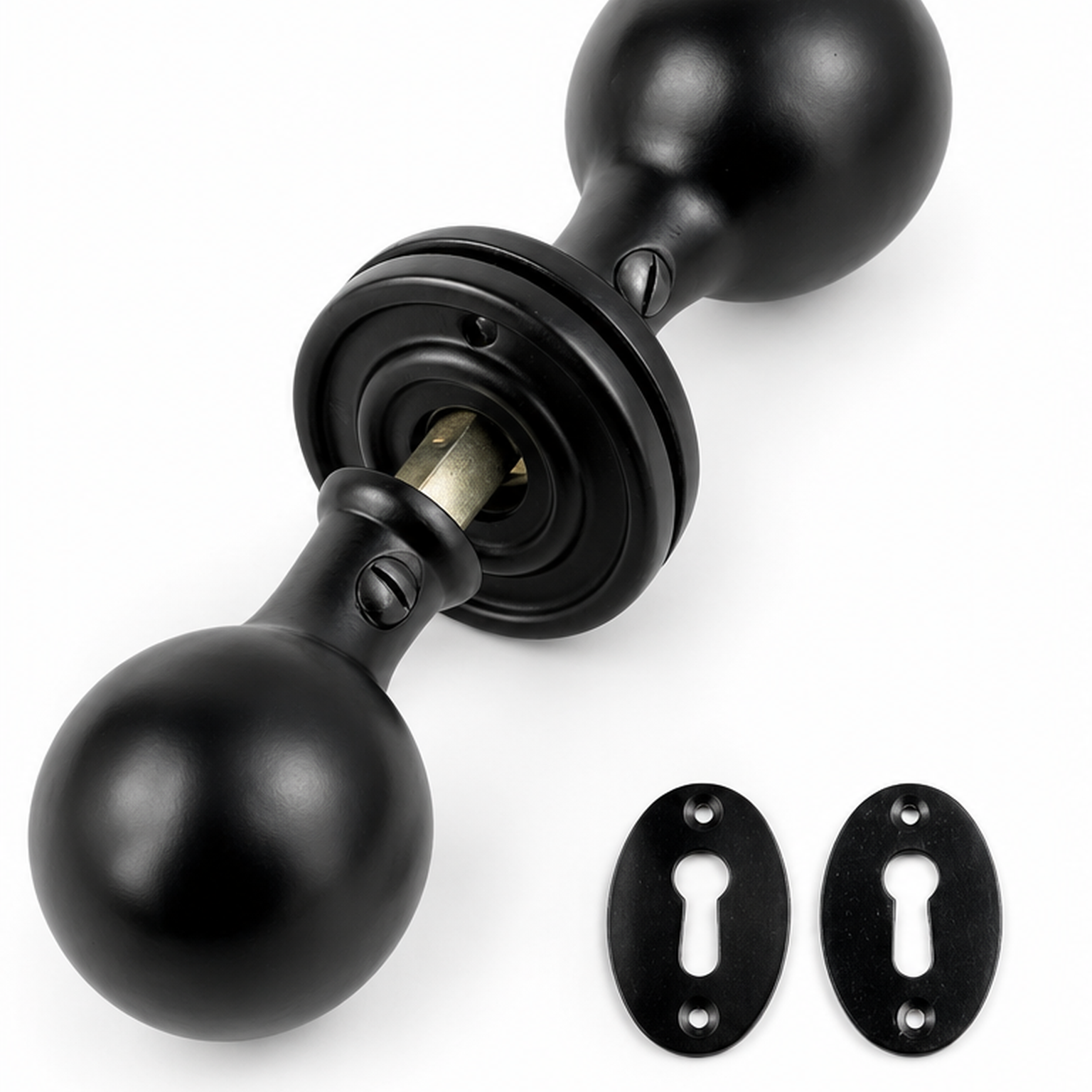 black_round_door_knob_product Cast Iron Black Door Knobs Mortice Round Sprung Heavy Duty Antique Pair - Image 1