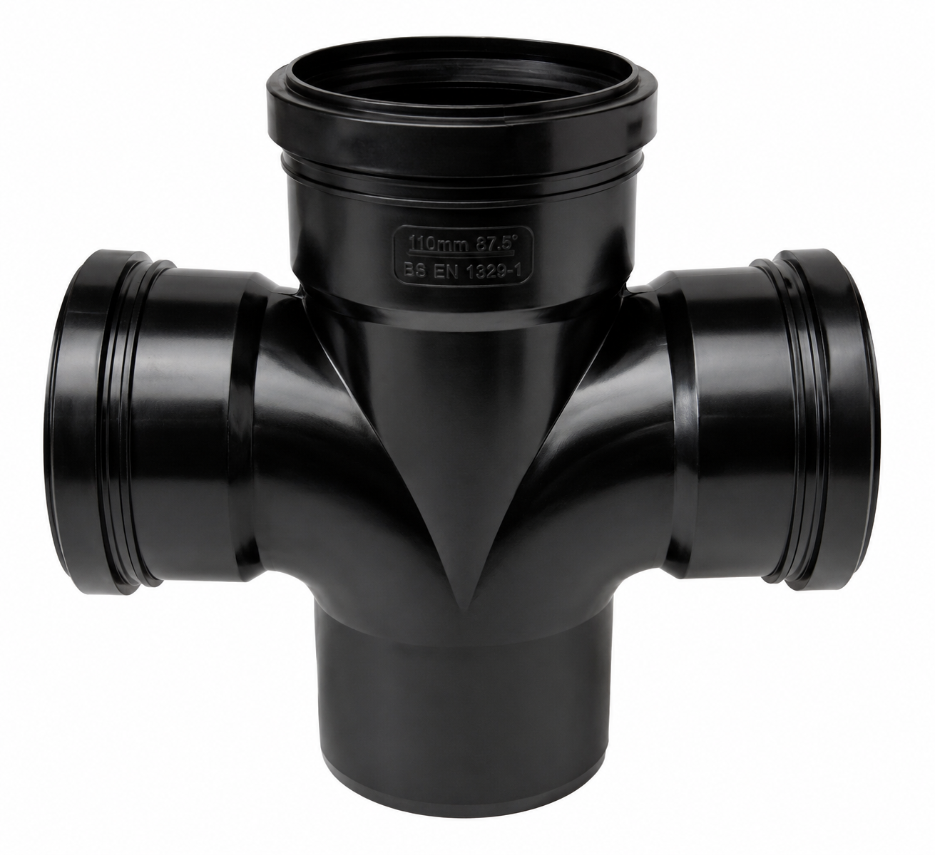 f2f8fc6e-1d96-4a20-8199-1aa0816857c6 92.5 Degree 4 Way Branch Pipe Black Soil Ring Seal - Image 1