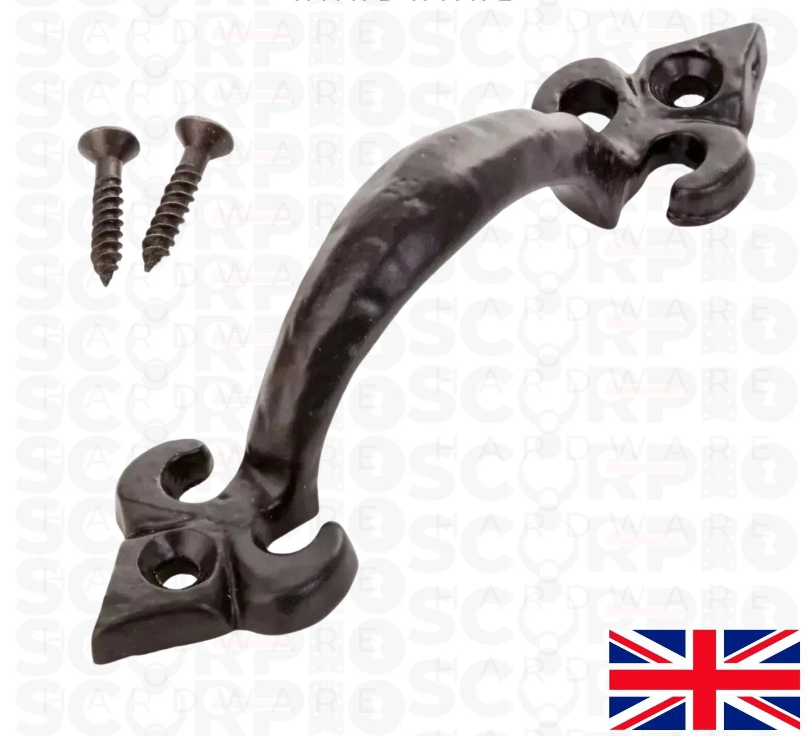 s-l1600 Black Antique Cast Iron Door Pull Handles 7" 175mm Heavy Fleur de Lys Ornate - Image 1