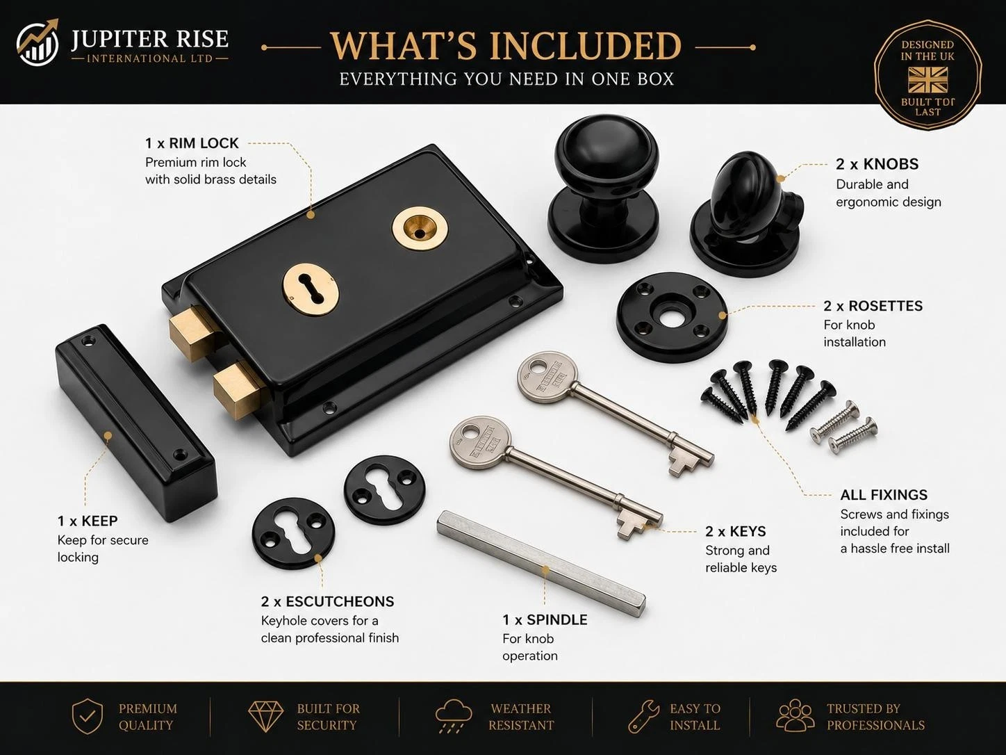 0 Black Rim Lock Set 6" x 4" Shed Gate Door Lock with Knobs 2 Keys & Fixings - Image 1