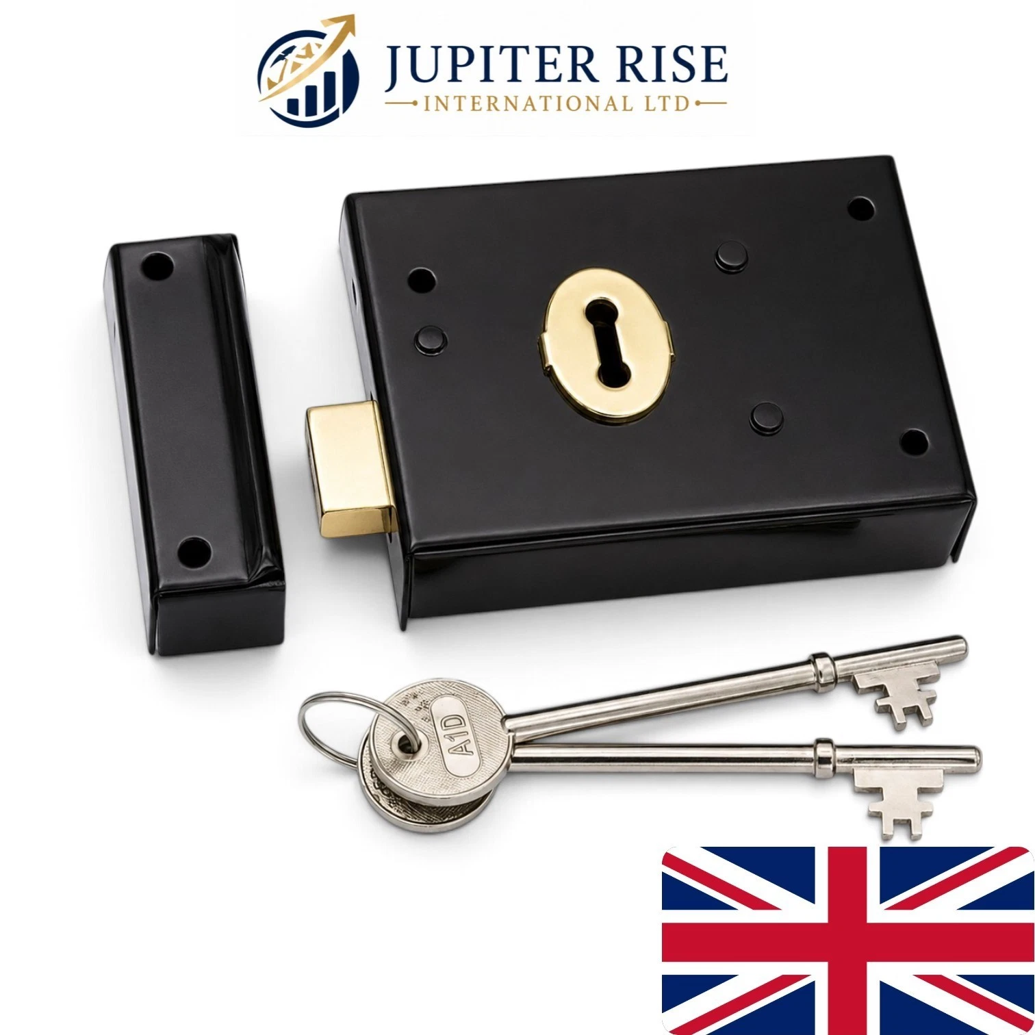 0 Rim Lock Deadlock Black Surface Mounted Shed Gate Door Security Lock with 2 Keys - Image 1