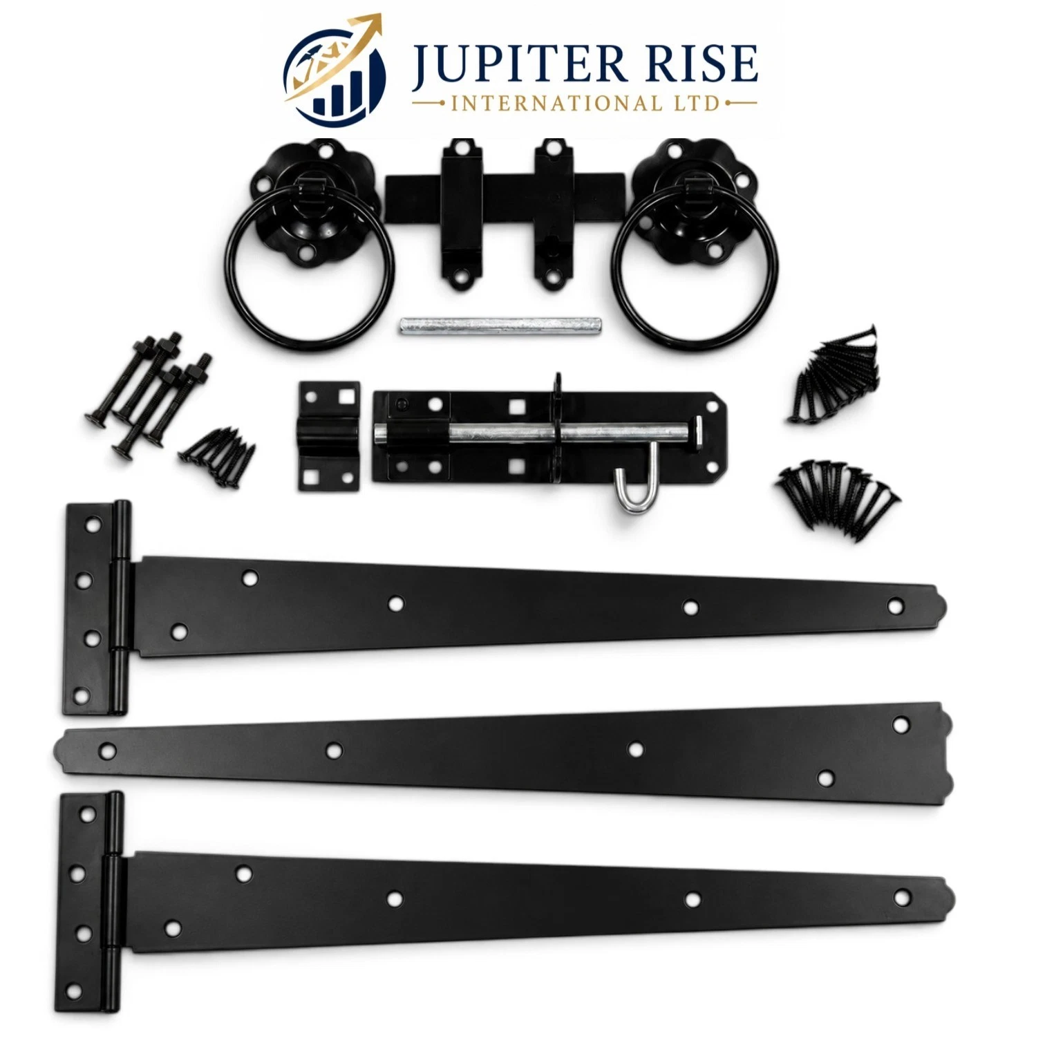 0 Side Gate Fixing Kit Ring Latch Brenton Bolt 3x 18" Tee Hinges Black - Image 1