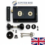Traditional Rim Lock 6" x 4" Black Shed Door Lock with Keys Knob Set and Fixings - Image 2