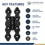 Antique Black Cast Iron Butterfly Hinges 40x90mm Cabinet Cupboard Pair - Image 7