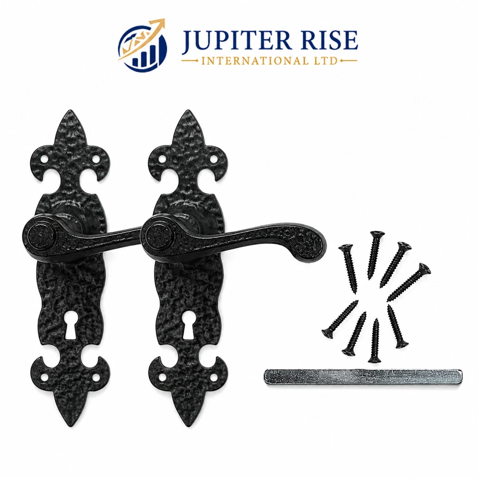 0 Black Cast Iron Fleur-de-Lys Door Handles Ornate Antique Lever Latch & Lock Sets - Image 1