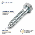 Coach Screws M10 x 60mm Zinc Plated Hex Head Wood Screws 4 Pack - Image 5