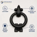 Ring Door Knocker 95x120mm Black Antique Cast Iron Fleur De Lys with Fixings - Image 5
