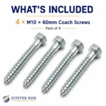 Coach Screws M10 x 60mm Zinc Plated Hex Head Wood Screws 4 Pack - Image 8
