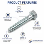 Coach Screws M10 x 60mm Zinc Plated Hex Head Wood Screws 4 Pack - Image 7