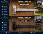 Cranked Hook & Band Hinges Pair Heavy Duty Galvanised Black 8"-36" Garage Stable - Image 2