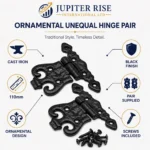 Cast Iron Unequal Door Hinges 110mm Pair Antique Black Vintage - Image 4